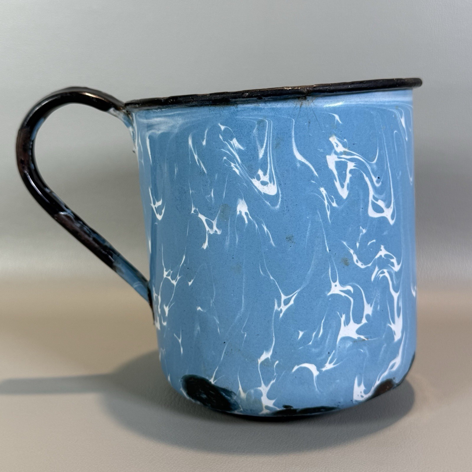 Blue and White Swirl Graniteware Camp Mush Mug LARGE 6.5″ W x 5″ Tall HOLE