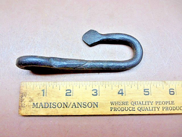 Vintage Small Blacksmith Forged Small 5″ J-Hook w/Whale Tail Tip & 1 1/4″ Eye