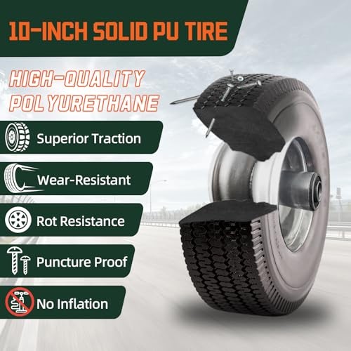 RRQ 10 Inch Solid Polyurethane Tire 4.10/3.50-4 Tire, 10″ Flat Free Wheels