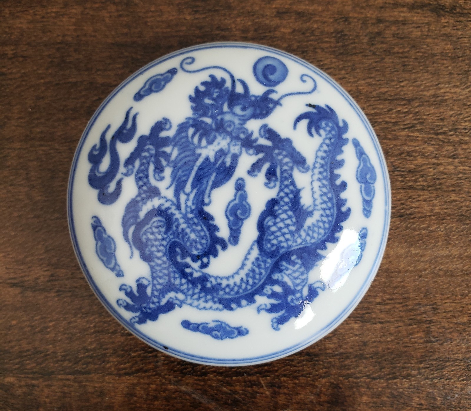 Chinese Blue & White Dragon Porcelain Ink Pot or Make-up Powder Trinket Box