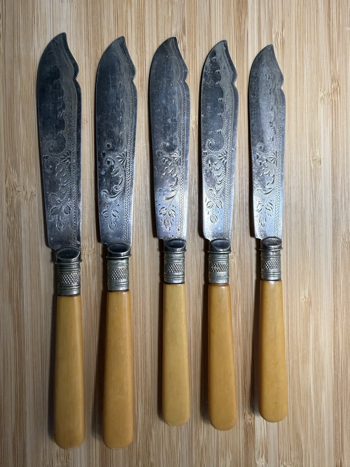Antique Victorian Silver Plate Fish Knives Engraved with French Ivorine Handles