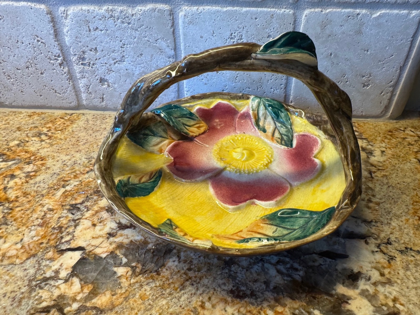 Vintage Japanese Majolica Dogwood Porcelain Basket 7″ x 4.25″ marked
