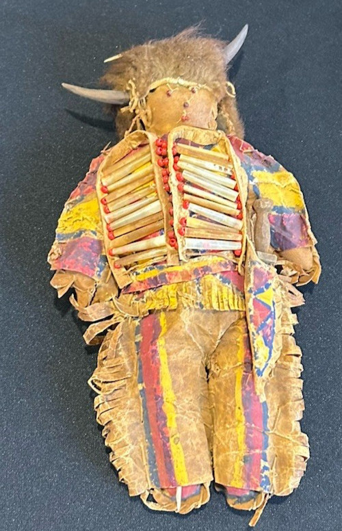 RARE Antique 1800s Native Plain Indian Hide Doll Buffalo Hat Beaded Knife Sheath