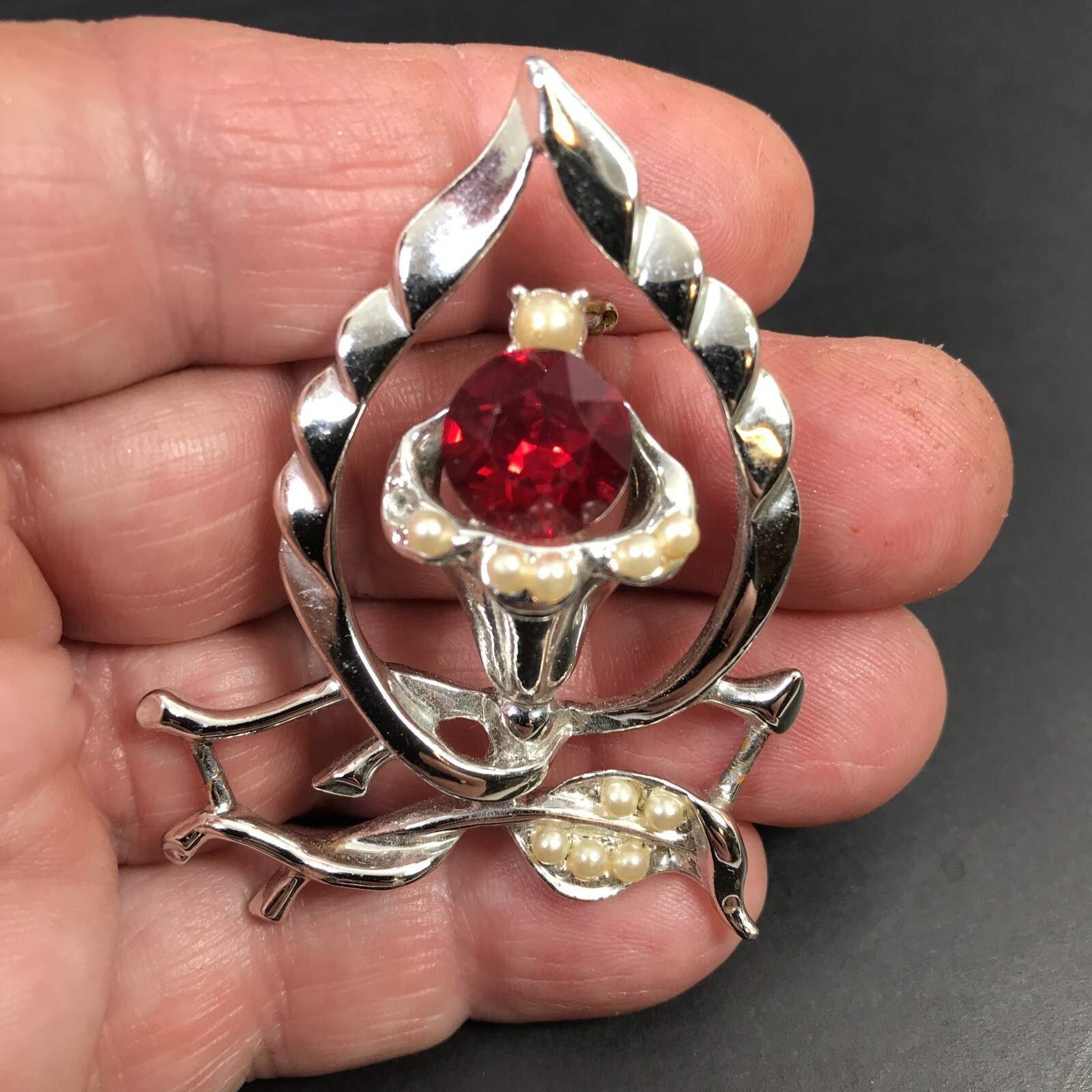 Brooch Pin Red Rhinestone Flame tiny pearls Silvertone 2 1/2 inches Statement