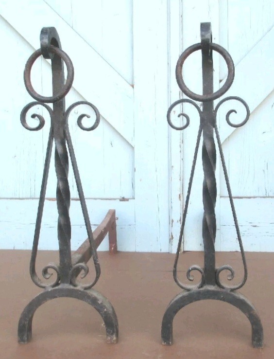 fireplace Andirons antique Hand Forged Iron Arts and Crafts 19-3/4″ early 1900’s
