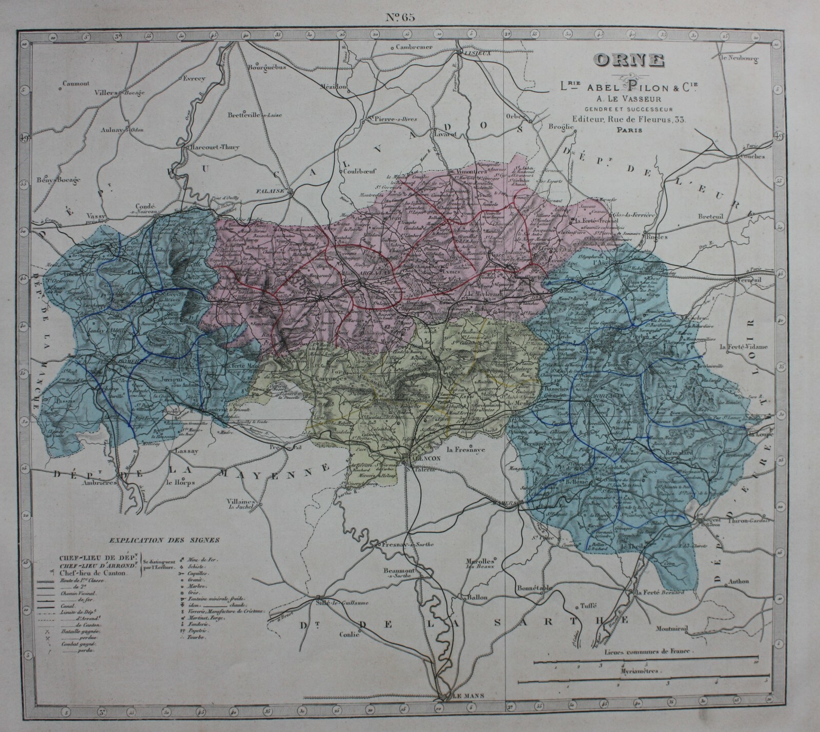 ORNE, ALENCON, FRANCE, original antique map, Lorsignol, Le Vasseur, 1877