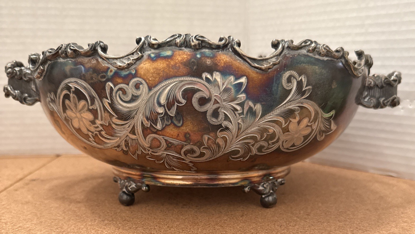 Antique Rockford Silver Plate Co. Quadruple Handled Bowl 2735 Etched