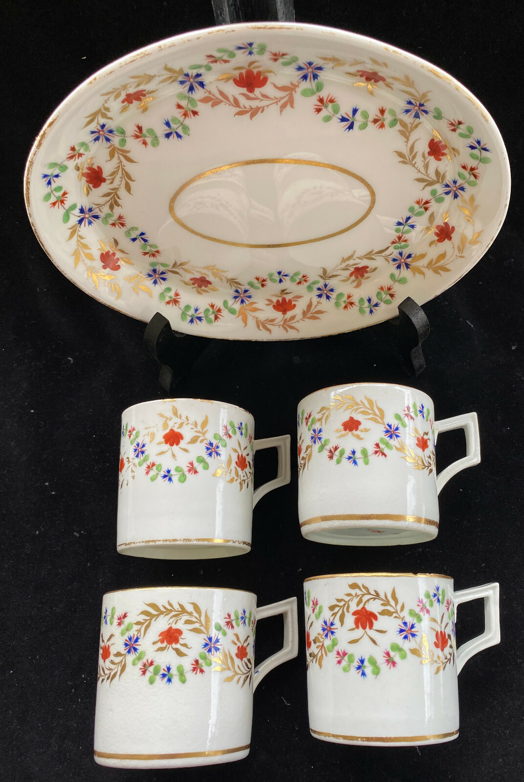 Antique ROYAL CROWN DERBY Set of 4 Coffee Cans or Cups and 1 Oval Under Plate