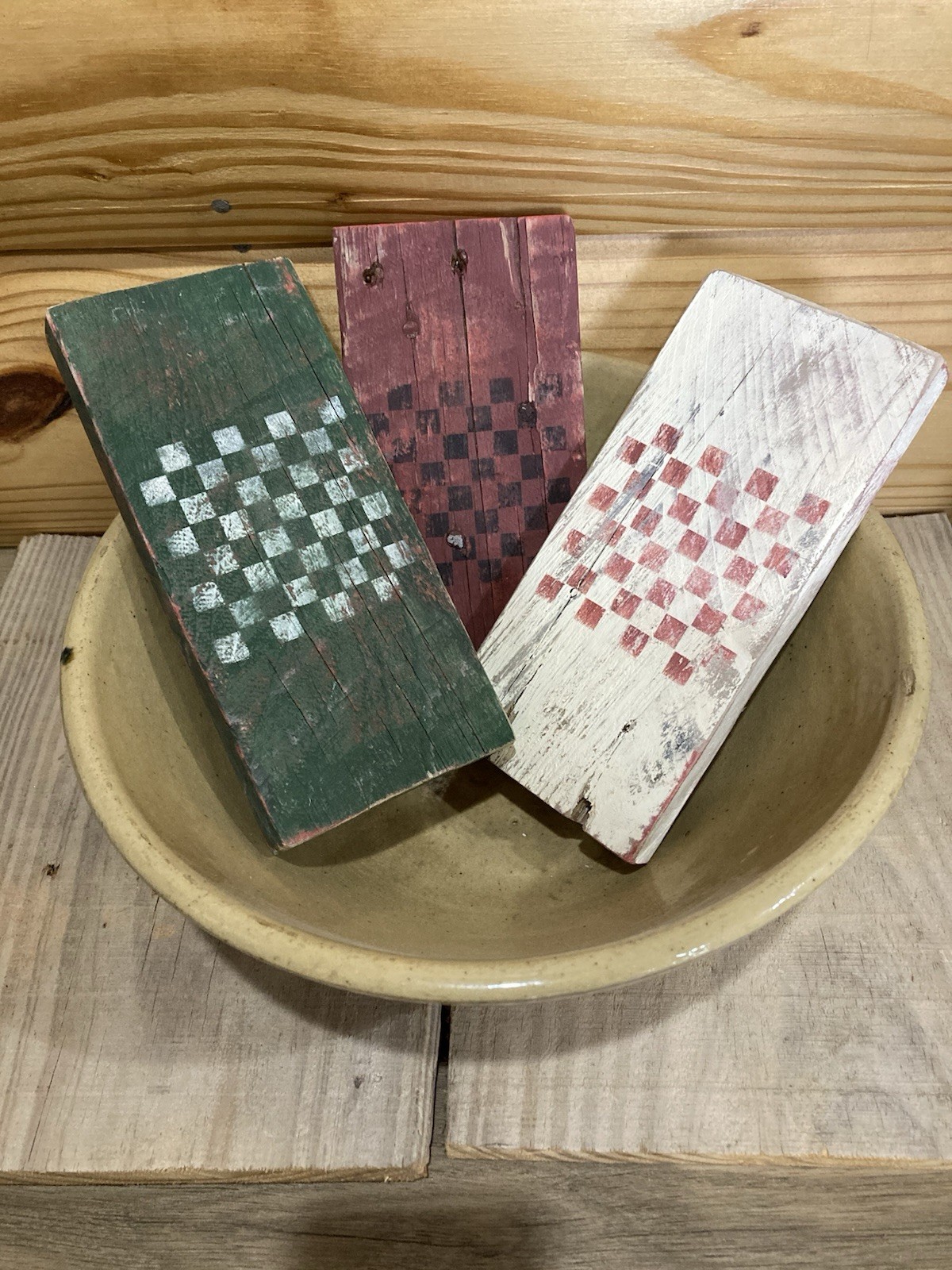 3 Primitive Made Red Green White Small Painted Rustic Checkerboard Gameboards