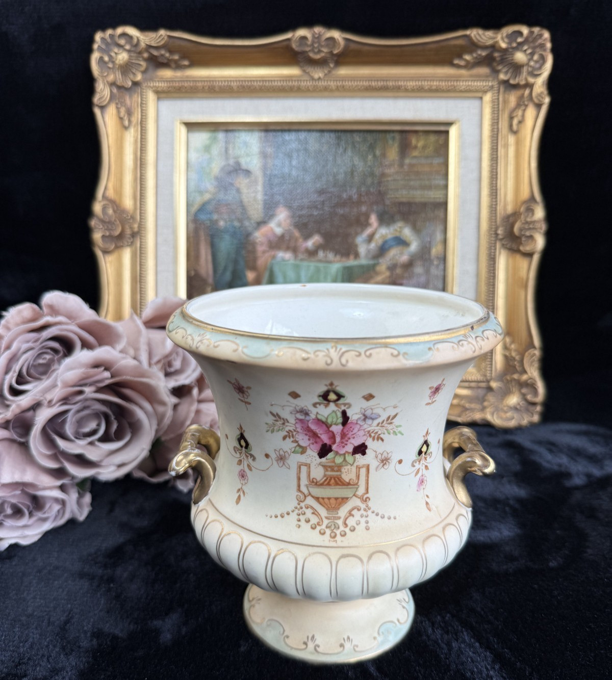 Antique Crown Devon “Dora” Pattern Urn Vase Gilded Floral Pottery c. 1914 Origin