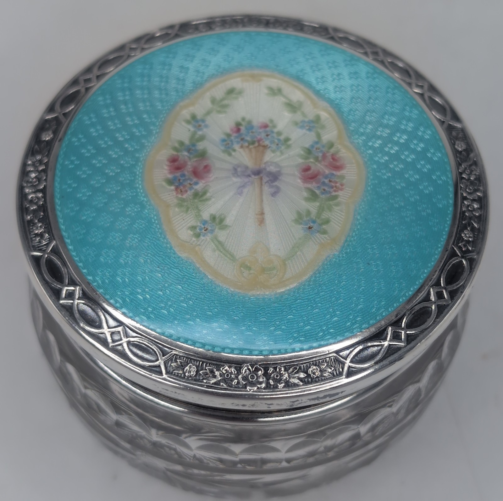 Foster Bailey Sterling Silver Blue Guilloche Enamel Floral Cut Glass Dresser Box