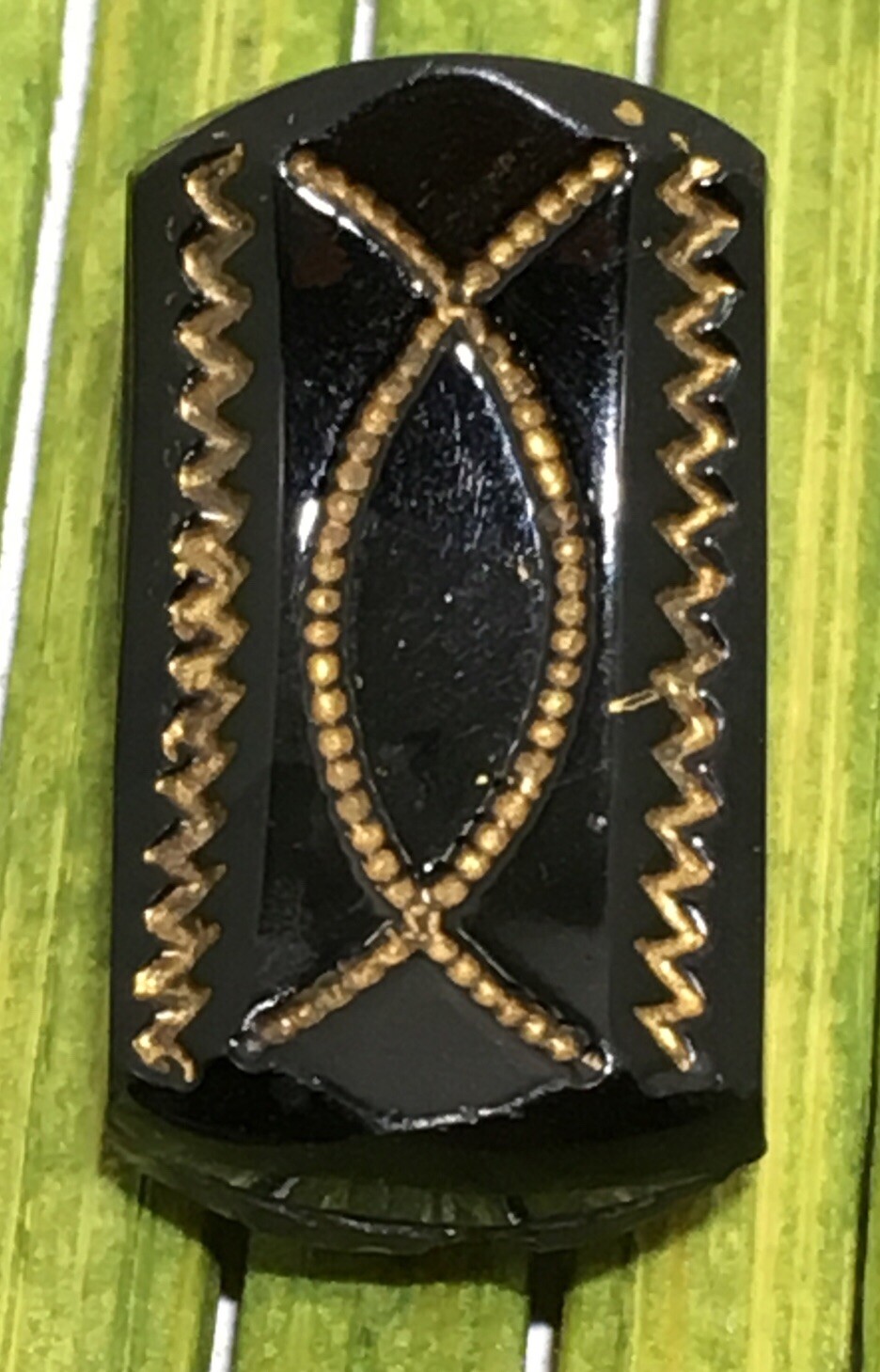 Antique Black Glass Button Arched Rectangle Gold Foil Embedded Tunnel Shank 3/4″