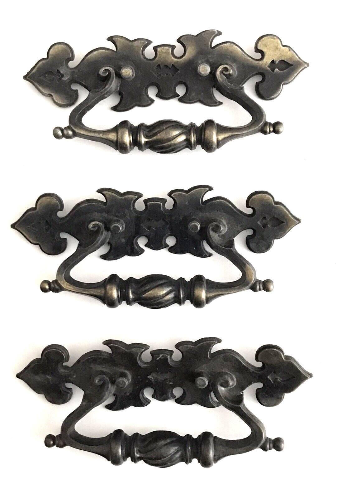 Lot Of 3 Brass DRAWER PULLS HANDLES Fixed Faux Drop Bail WIDE 7.5″ Ornate