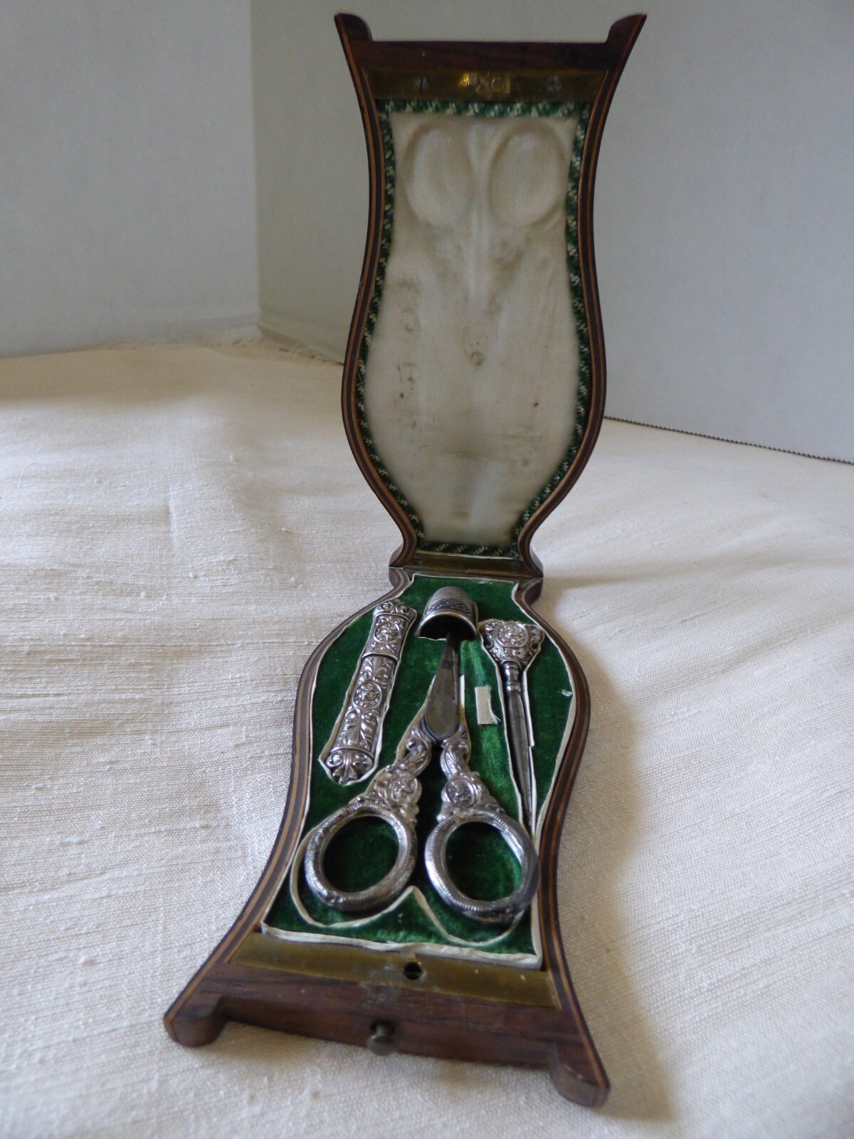Antique Sewing Kit Necessaire Lyre Instrument box Sterling w Green Stone Thimble