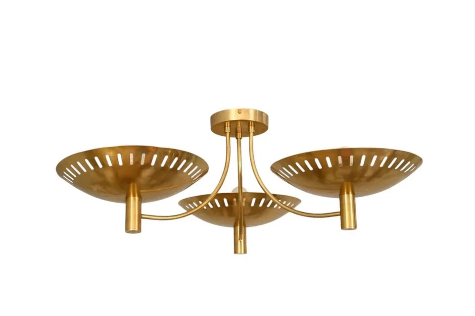 Mid Century Pendant Modern chandelier 3 Light Slitz Curved Dome Style Raw Brass