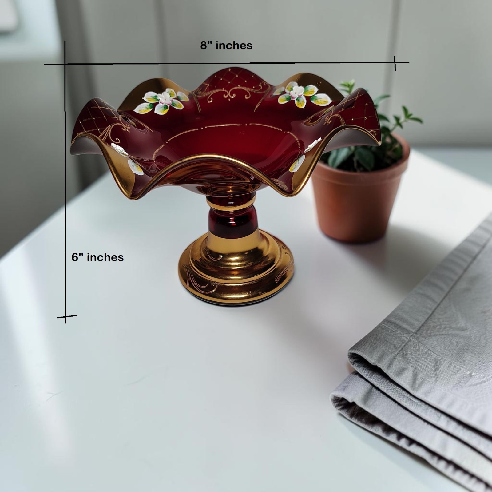 Bohemian red crystal glass decorated with 24k gold and embossed enamel flowers
