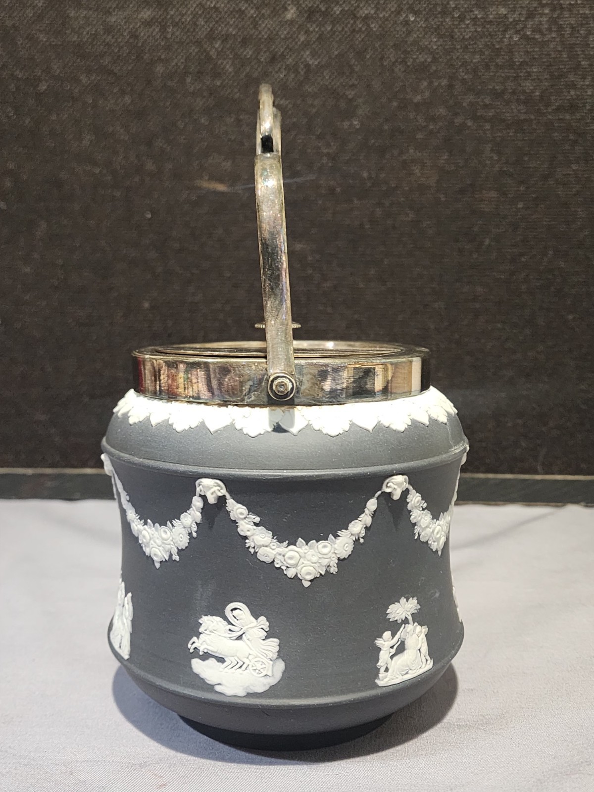 Antique Wedgwood Black Jasperware Rare Corset Shape Biscuit Jar Silverplate Lid