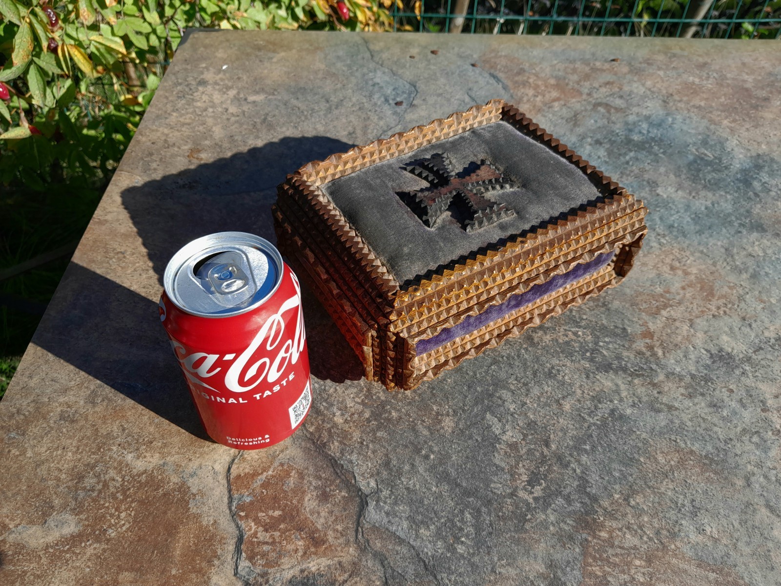 Antique French Tramp Art Trinket Box With German Cross Jewellery Display WW1