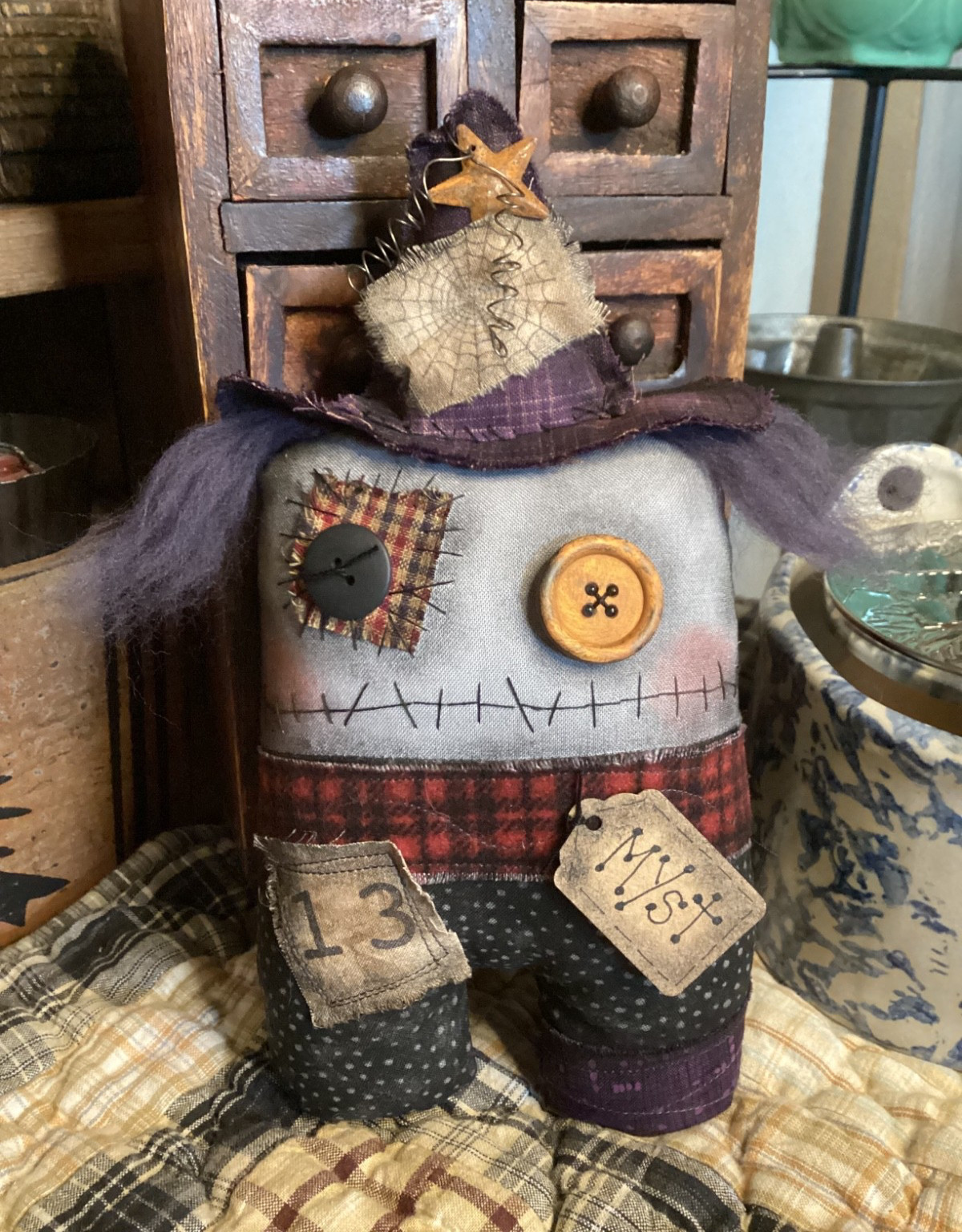 Primitive Halloween Witch Doll Handmade OOAK SignedDated THREADBARE PRIMITIVES