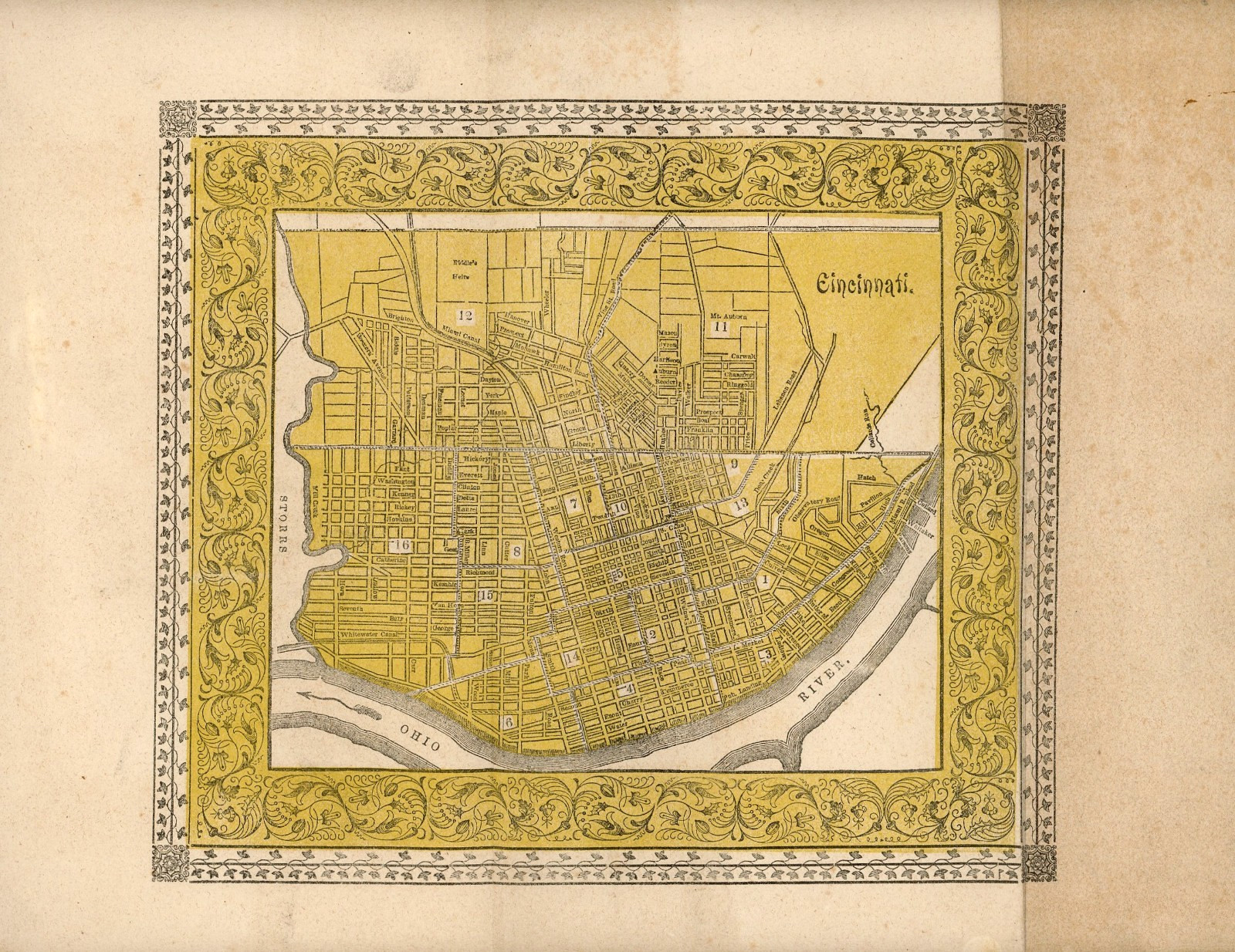c1845 Hand-Colored Cincinnati Fold-Out Map Early Ohio River City Plan