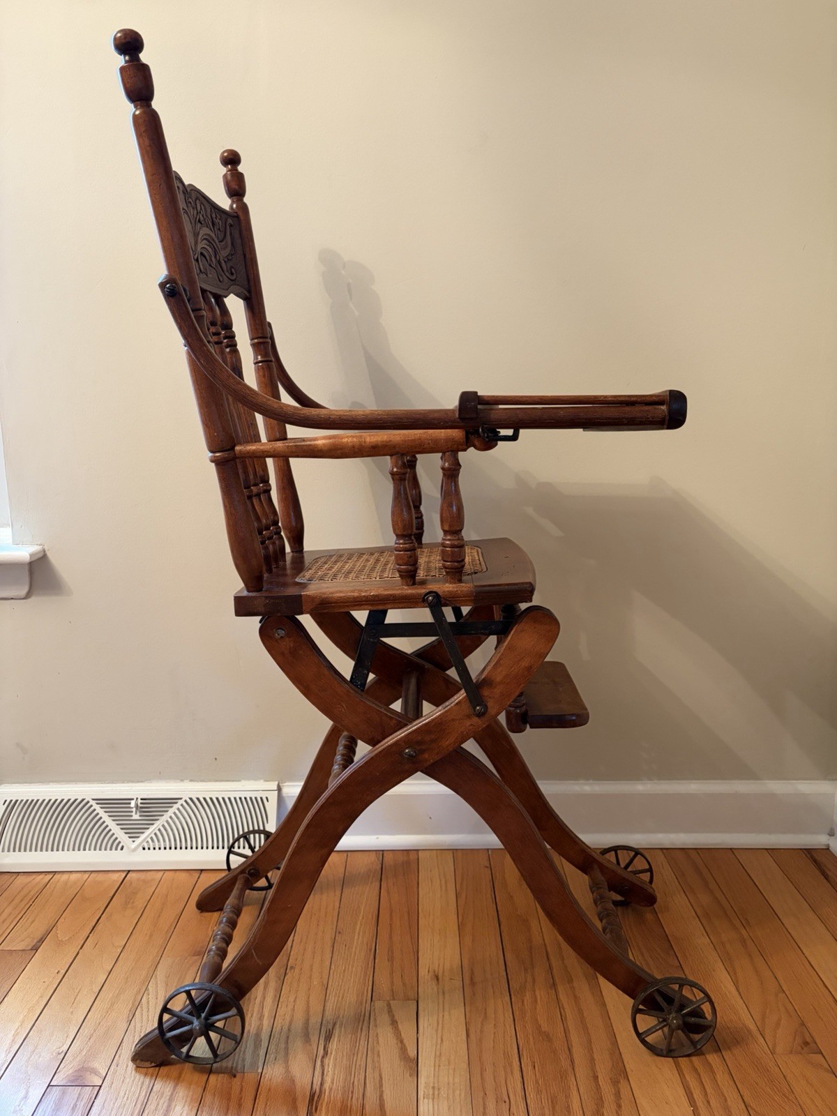 Antique Early 1900s Wood Cane Folding Adjustable High Chair Wheels LOCAL PICKUP
