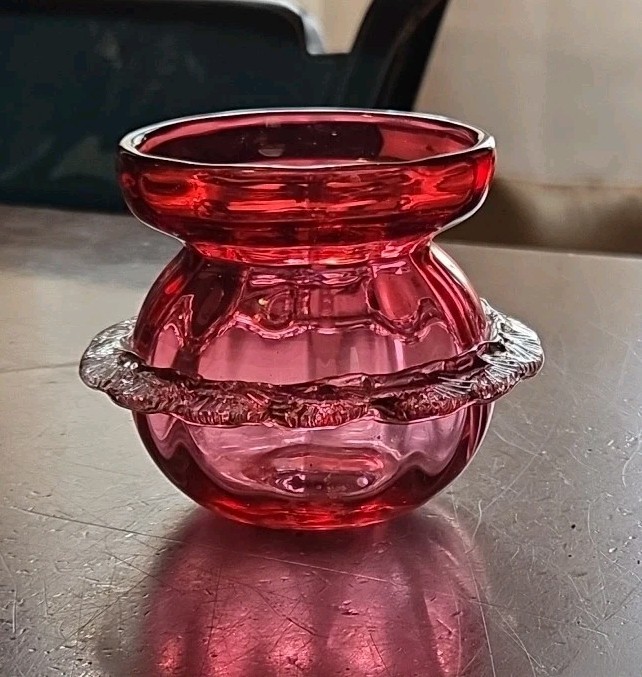 Antique Cranberry Art Glass Rose Bowl Vase Rigaree Polished Pontil