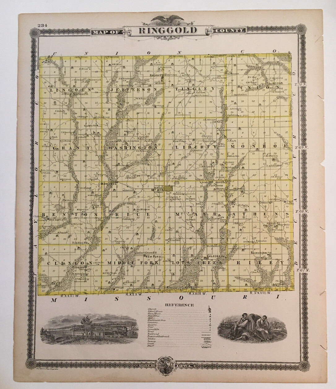 RINGGOLD / TAYLOR COUNTY IOWA MAP from 1875 A.T. Andreas Atlas Original