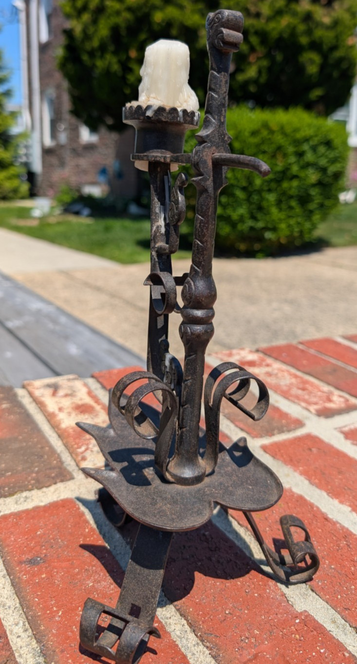 Exceptional Antique Wrought Iron Candlestick 12 1/2″ Alpine ? candle Holder
