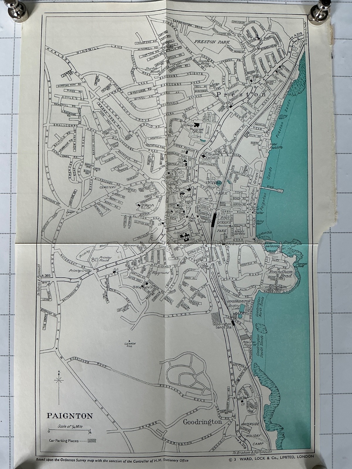 PAIGNTON – 1963 Vintage Street Map Plan Devon Hotels Railway Goodrington