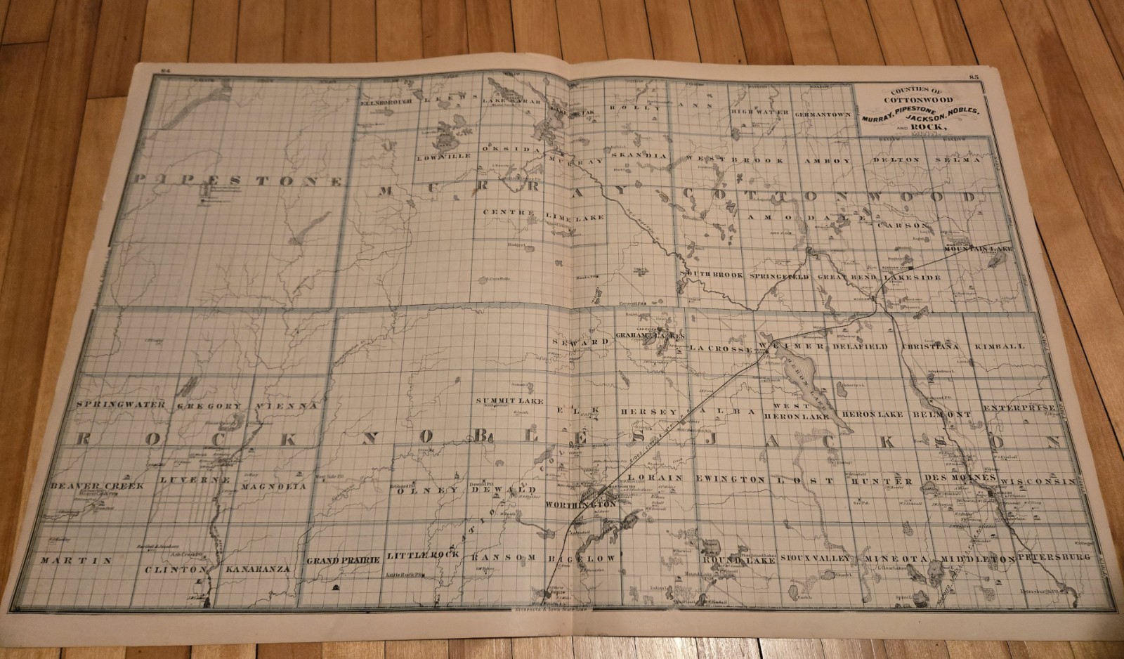 1874 Map COTTONWOOD MURRAY PIPESTONE JACKSON NOBLES ROCK MINNESOTA Andreas Atlas