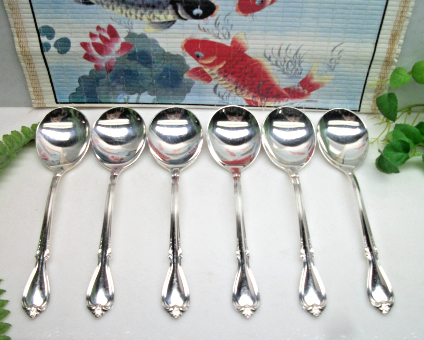6 Society Deluxe SOUTHERN SPLENDOR Silverplate Gumbo Soup Spoons 1952