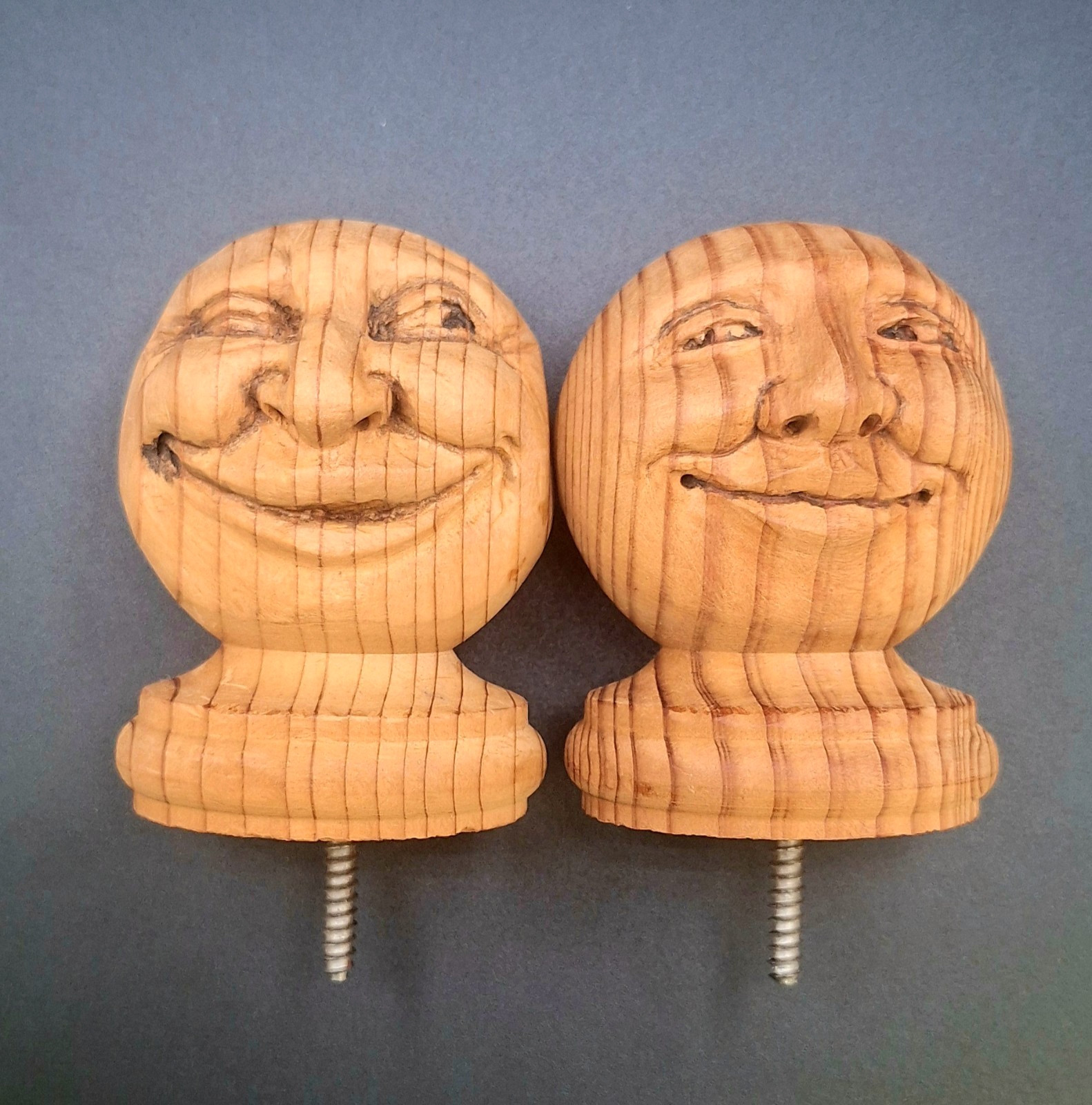 Two Vintage Hand Carved Wood Bed Post Caps – 4″ High – 3″ Wide