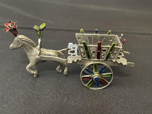 Vintage 800 Silver Enamel Miniature Horse Wagon Italy