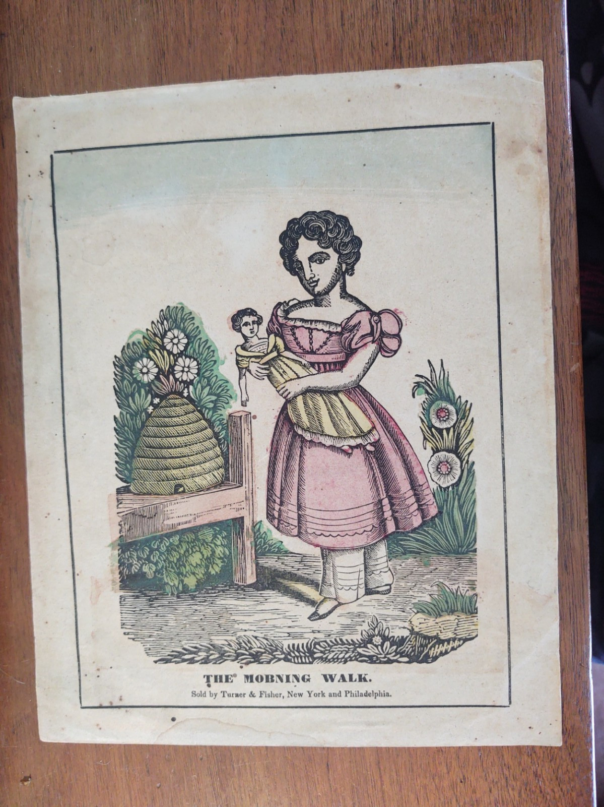 1840s Turner & Fisher Phila NY Imprint Print Morning Walk Girl & Doll hand Color