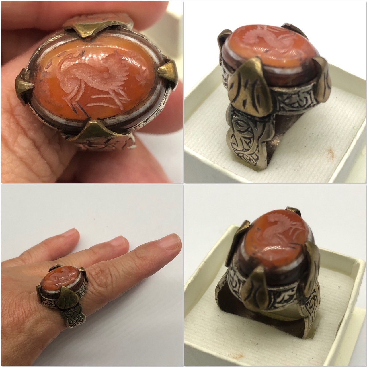 Ancient unique Solid Silver Agate Intaglio Horse Near Eastern Ring 10.5US #S433
