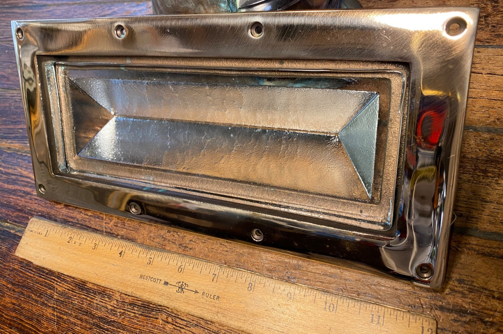 VINTAGE NOS CAST POLISHED BRONZE AND SOLID GLASS RECTANGULAR DECK PRISM 12 X 6