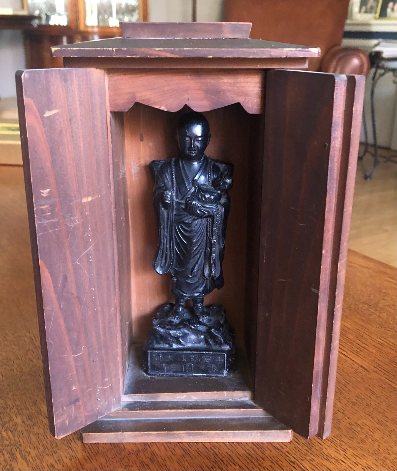 Vintage Japanese BUDDHA JIZO BOSATSU 6″ Metal Statue in 8 1/2″ Wooden Case.
