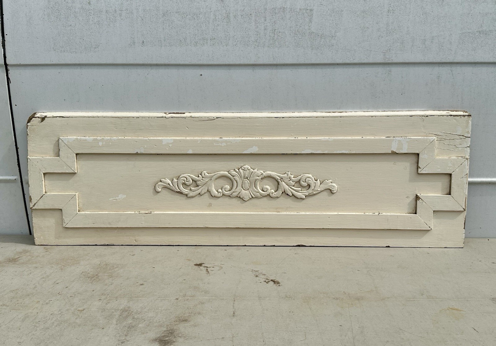 Carved Chippy Paint 43″ Mantle Pediment wooden crown crest topper door header