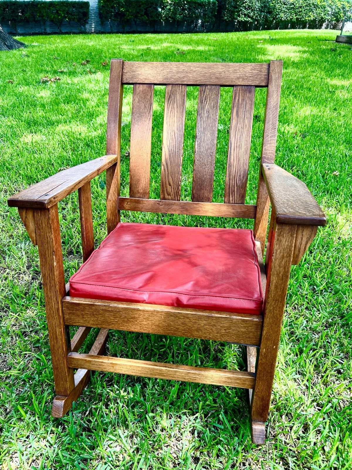 Vintage Stickley Style Craftsman Oak Rocking Chair Heavy Solid Wood w Cushion