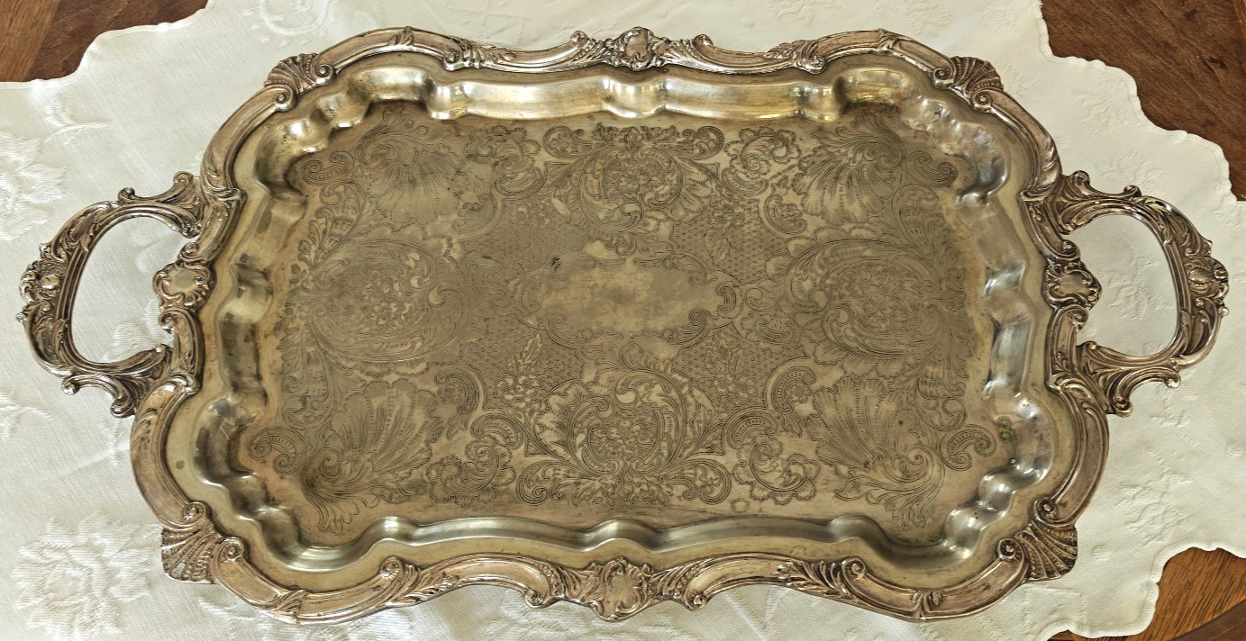 VINTAGE English Silver Mfg Corp Large Etched Silver Plated Footed Platter Tray