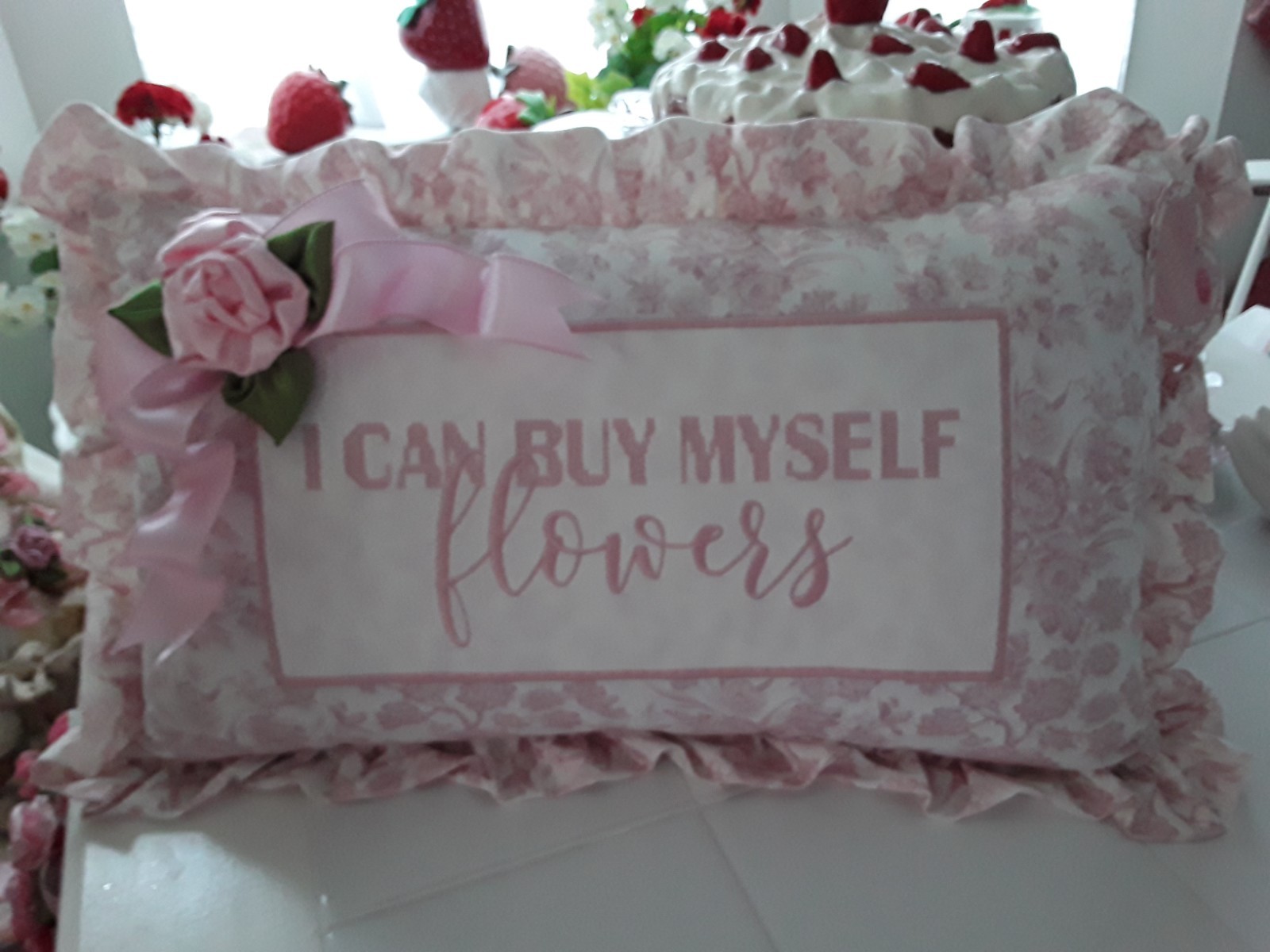 PINK I CAN BUY MYSELF FLOWERS EMBROIDERED BIG DECORATIVE BIG 16IN,X 28IN. PILLOW