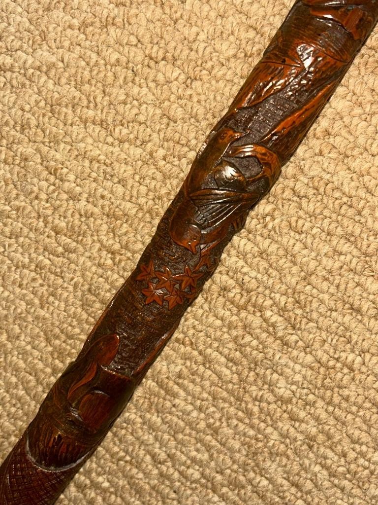 Antique Asian Oriental All Carved Bamboo Walking Stick Cane – Root Ball Top