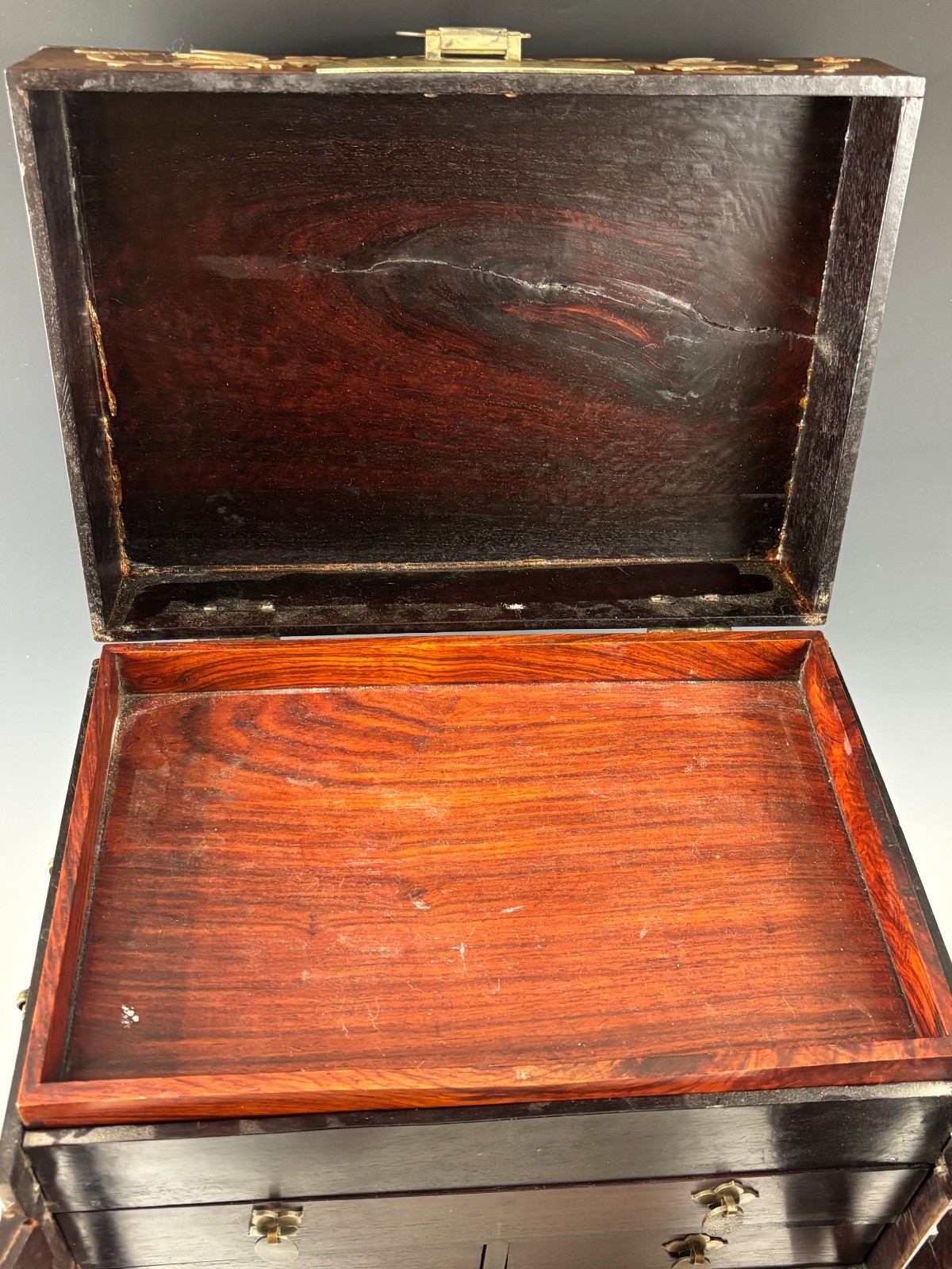 Antique Chinese Inlaid Hardwood Jewelry Cabinet c1900 w Original Bar Lock & Key