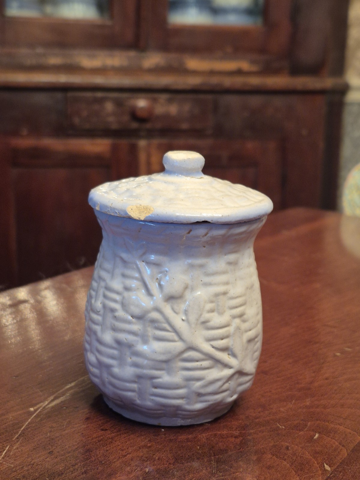 PEPPER Brush MCCOY Blue White Stoneware Basketweave Canister w/ Lid