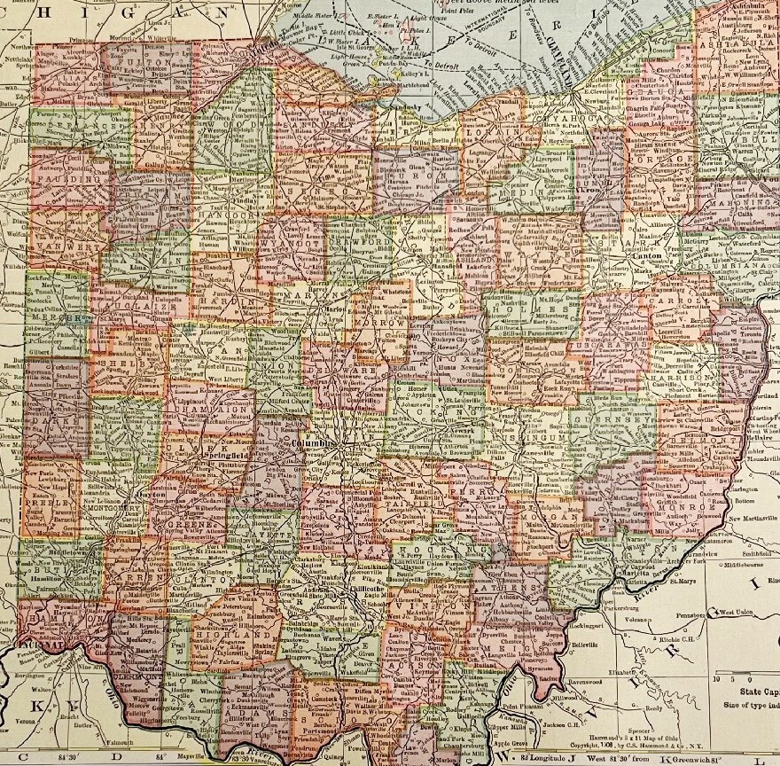 Ohio Map Lithograph 1909 Hammond Art Print United States LGADMap