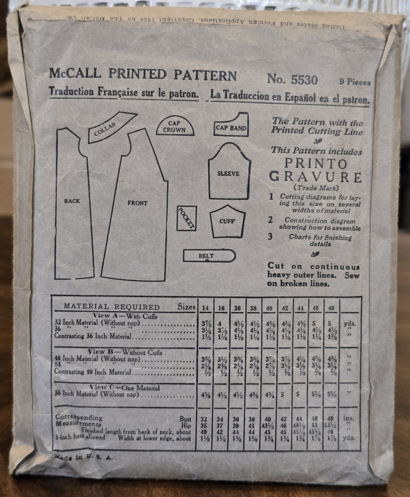 Original McCall Pattern 5530, ca. 1928 Misses Dress Apron & Cap; Cut, Sz 16/B34.