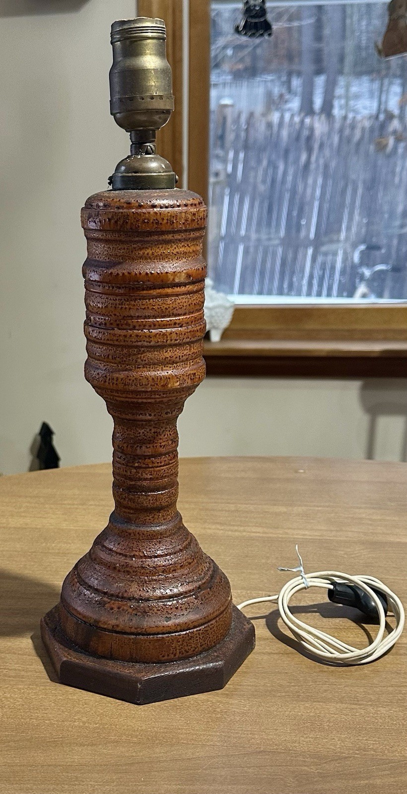 Vintage Antique Primitive Rustic Hand Turned 16” Wood Table Lamp w/ Pull Chain