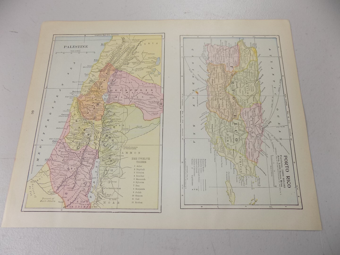1899 Matthews-Northrup Map PALESTINE, PORTO RICO b/w MANITOBA, BRITISH COLUMBIA+
