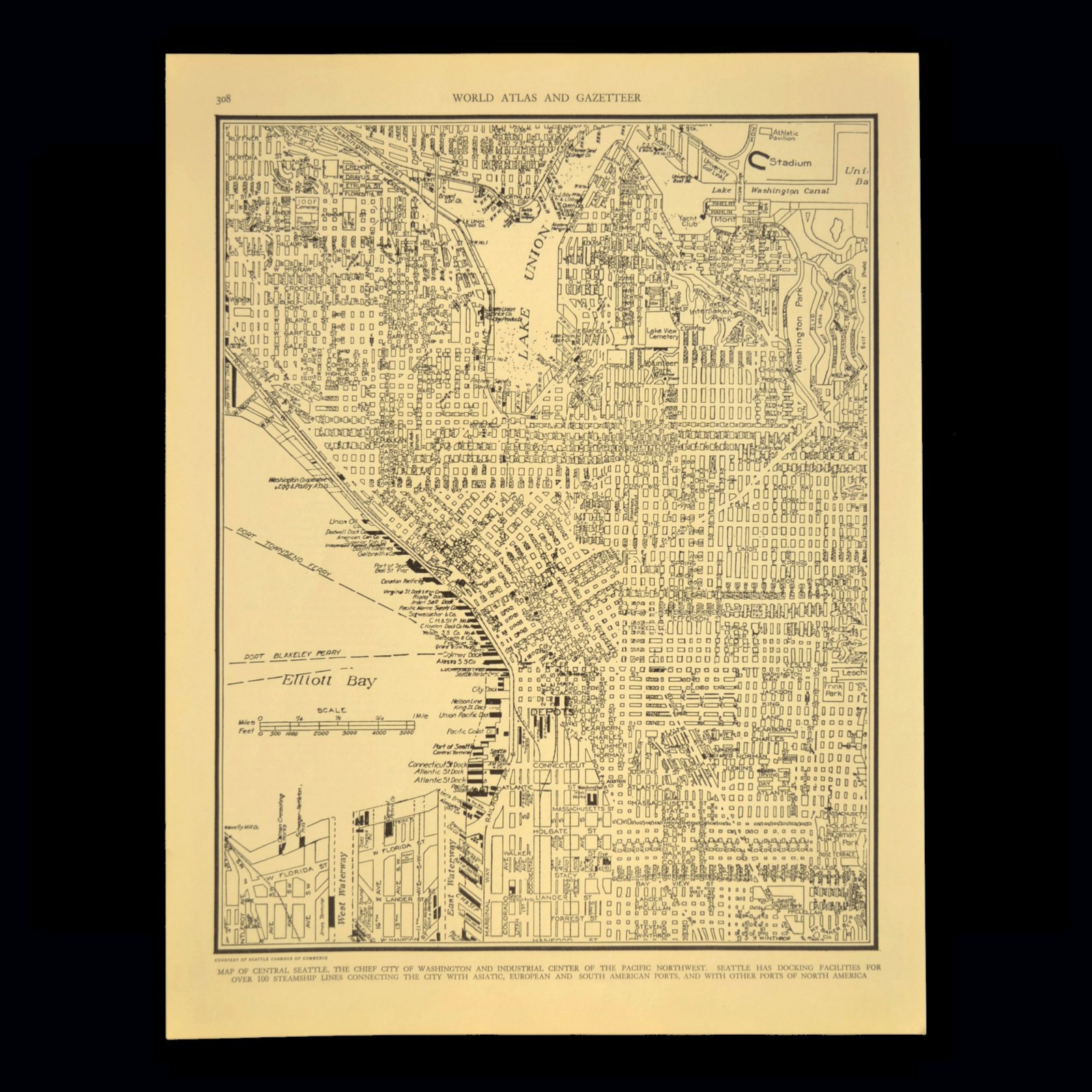 Vintage SEATTLE Map City Street Wall Art Downtown Old Original 1940s Antique