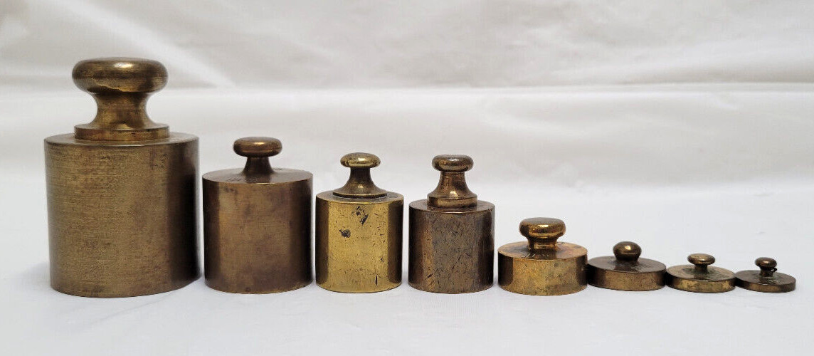 Vintage Lot of 8 Solid Brass Scale Weights 5g 10g 20g 50g 100g 200g 500g
